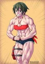 abs biceps bikini bikini_top crop_top earrings ebr-kii female green_eyes green_hair heterochromia highres jewelry muscular muscular_female pose purple_eyes red_bikini sandals sandals_removed short_hair shorts swimsuit teeth