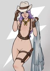 casual critical_role critical_role:_bell's_hells female freckles handwear harness headwear human imogen_temult knife legwear neckwear pale_skin partially_clothed pink_hair psychic purple_hair shaved_pussy sorcerer tactical_nudity thighband weapon