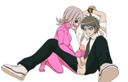 1boy 1girls among_us button_up_shirt crossover danganronpa danganronpa_2:_goodbye_despair handjob hands_tied hinata_hajime impostor_(among_us) mostly_clothed nanami_chiaki penis_out pink_suit platinum_blonde_hair reverse_rape straight_hair tie xml_xrossover(artist)