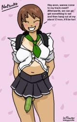 1futa arms_behind_back backpack bag balls belly belly_button blush bottomless_skirt breasts brown_hair buttons casual clothed clothing collar condom condom_on_penis dark-skinned_futanari dialogue english english_text exposed_penis fit futa_only futanari genitalwear green_condom green_necktie green_neckwear green_tie human intersex light_skin mostly_clothed mspaint necktie oc open_shirt original original_character pale_skin penis penis_out penis_under_skirt pov rolled_up_sleeves school_uniform short_hair skirt smile solo solo_futa standing talking_to_viewer tan tan_skin tanline tanlines text tie tomboy viewer_perspective wholesome wigglytuffmaster