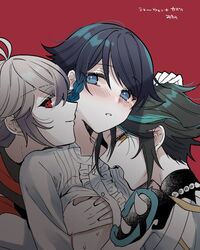 3boys adeptus adult androgynous archons black_hair blue_eyes blue_hair blush fangs femboy gay genshin_impact kaedehara_kazuha kokuchuutei pinching_nipples pinching_nipples_under_shirt purindarute0v0 red_eyes suggestive teal_eyes teal_hair threesome trap venti_(genshin_impact) white_hair xiao_(genshin_impact)