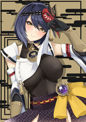 aroused background big_breasts black_elbow_gloves black_gloves black_long_gloves blue_hair elbow_gloves female genshin_impact gloves hair_ornament kujou_sara long_gloves nipples_visible_through_clothing short_hair smile smiling tengu_mask tian_kazuki underboob vision_(genshin_impact)