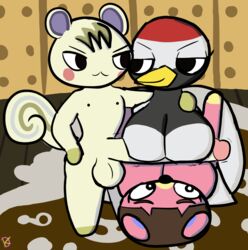 2020 animal_crossing bear bedroom_eyes cowgirl_position double_paizuri girl_sandwich gladys_(animal_crossing) klutzatdusk long_penis marshal_(animal_crossing) nintendo penis_awe shocked small_but_hung surprised ursala_(animal_crossing) ursid