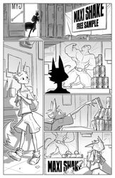 2012 anthro big_muscles biped canid canine clothed comic conditional_dnp digital_media_(artwork) fluffy fluffy_tail footwear fox huge_muscles jollyjack male monochrome mouse muscles muscular_anthro muscular_male poster protein_shake shoes skinny solo