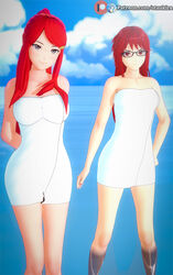 2girls 3d alternate_breast_size arms_behind_back bare_arms bare_legs bare_shoulders big_breasts blue_eyes blush breasts clothed clothed_female clothing female female_focus female_only glasses hairclip hourglass_figure koikatsu large_breasts long_hair looking_at_viewer mature mature_female milf naruto naruto_(series) naruto_shippuden ocean otsukira pale-skinned_female pale_skin partially_clothed petite ponytail pose posing red_eyes red_hair shounen_jump small_breasts smile smiling smirk standing teenager tied_hair towel towel_only uzumaki_karin uzumaki_kushina wide_hips