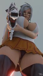 3d aiming_at_viewer blender blizzard_entertainment breasts clothing female_only femdom from_below glasses looking_at_viewer panties prison_school pussy pussy_peek school_uniform shiraki_meiko tagme vulpeculy weapon white_hair