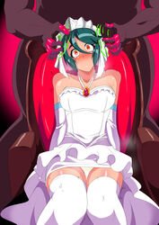 1boy brainwashing crying defeated empty_eyes fat_man female green_hair jiggle looking_at_viewer mind_control orange_eyes original panties warabimochi wedding_dress