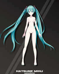 accurate_art_style arm_tattoo belly_button black_background completely_nude cyan_eyes cyan_hair edit edited english_text eyebrows_visible_through_hair feet hatsune_miku light-skinned_female long_hair nipples nude_female oryononilocram pussy small_breasts toes twintails vocaloid