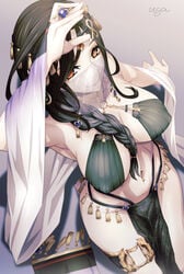 1girls black_hair breasts circlet dancer female jewelry large_breasts long_hair looking_at_viewer navel nijisanji orange_eyes pelvic_curtain revealing_clothes see-through seiza shawl shirayuki_tomoe signature sitting smile so solo tassel uganda_(ugandam_00) ugandam_00 virtual_youtuber