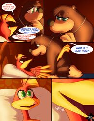 2021 absurd_res anthro avian banjo-kazooie banjo_(banjo-kazooie) bed bird black_nose blue_eyes breegull brown_body brown_fur candlelight comic dialogue digital_media_(artwork) duo english_text eye_contact eyelashes feathers female fur furniture giggle green_eyes head_tuft hi_res jewelry kazooie kneeling legs_up looking_at_another looking_at_partner lying male male/female mammal necklace nervous nude on_back on_bed page_28 page_number rareware red_body red_feathers skeletonguys-and-ragdolls speech_bubble text tuft ursid video_games worried yellow_body yellow_feathers