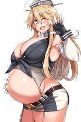 ahoge big_breasts blonde_hair blue_eyes blush cleavage elbow_gloves female female_only garter_belt garter_straps gloves headgear iowa_(kantai_collection) kantai_collection kuronyan long_hair looking_at_viewer miniskirt open_mouth pregnant ready_to_pop revealing_clothes smile solo star-shaped_pupils stockings thick_thighs tied_shirt waving wink