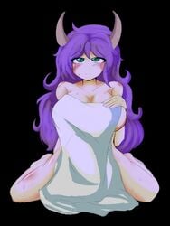 big_breasts black_background breasts eater_of_souls_(terraria) eater_of_worlds gijinka green_eyes horns horny monster_girl mr_roftz purple_hair terraria towel towel_only voluptuous