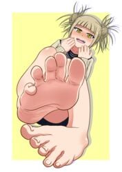 1girls barefoot blonde_hair blush embarrassed feet foot_fetish foot_focus himiko_toga looking_at_viewer my_hero_academia nush_advance school_uniform simple_background skirt sole_female soles spread_toes toes yellow_eyes