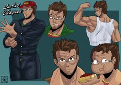 1boy brown_eyes brown_hair carlos_vazquez character_sheet clothed clothed_male dilf estella_comics eyewear facial_expression facial_hair facial_scar flexing glasses headwear humor jumpsuit looking_at_viewer looking_back male male_only mannyestella mrestella multiple_views muscular muscular_male over_shoulder scar solo solo_male white_sclera