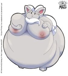 anthro belly big_belly big_breasts breasts cinccino huge_breasts inflated_belly inflation maji nipples pokémon_(species) pokemon puffy_cheeks