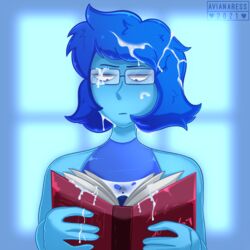 1girls alien alien_girl avianaress bare_shoulders blue_female blue_hair blue_skin book cartoon_network cum cum_in_hair cum_on_book cum_on_face cum_on_glasses cum_on_hair eyelashes female female_focus female_only gem_(species) glasses holding_object lapis_lazuli_(gem) lapis_lazuli_(steven_universe) reading semen short_blue_hair short_dark_hair short_hair sleeveless sleeveless_shirt sole_female solo solo_female solo_focus steven_universe unamused wearing_glasses