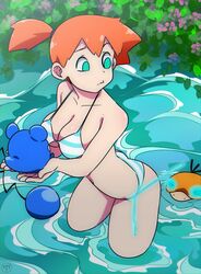 azurill bikini breasts green_eyes kasumi_(pokemon) legs medium_breasts orange_hair pokémon_(species) pokemon pokemon_rgby psyduck red_hair thighs threetwigs turquoise_eyes water