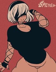 1girls alternate_breast_size android bottomless breasts busty cleavage curvy female fishnets nier nier:_automata nier_(series) pussy spicyfuse white_hair yorha_2b