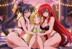 ai_generated high_school_dxd rias_gremory akeno_himejima asia_argento 3girls female_only lesbian yuri girlfriends wife_and_wife_and_wife fff_threesome lesbian_threesome lesbian_lovers girls_love bikini blush happy happy_girl closed_eyes smile looking_at_partner hand_on_face hand_on_another's_face big_breasts big_ass thick_thighs curvy_female wide_hips medium_breasts skinny_girl