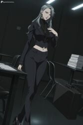 digitalwaifugallery ai_generated patreon seductive sexy uncensored watermark hi_res high_quality high_resolution sae_niijima persona 1girl solo long_hair high_heels pants jewelry navel necklace black_pants red_lips earrings midriff grey_hair jacket black_footwear breasts indoors chair looking_at_viewer lipstick desk long_sleeves black_jacket crop_top shirt hand_on_own_chest standing full_body paper black_shirt turtleneck