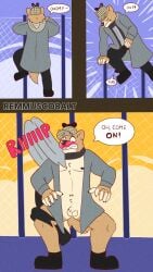 absurd_res animal_genitalia anthro balls canid canine canis clothed clothing coat comic detective dingo embarrassed exposed flaccid genitals hi_res humiliation male mammal mission nude partially_clothed penis remmus_cobalt sheath solo stealth topwear
