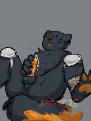 3:4 anthro anus black_body black_fur bodily_fluids casualties:_unknown cum expie_(gunsawian) fur genital_fluids genitals gunsawian hi_res jabic23 male masturbation orange_pawpads orange_penis pawpads penis solo sweat