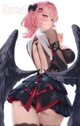 1girls ass big_breasts black_panties black_thighhighs black_underwear black_wings breasts colored_nails female hoyoverse large_breasts long_hair long_nails mihoyo painted_nails panties pantyshot pantyshot_(standing) pink_eyes pink_hair pink_nails pointy_ears remielle_(zenless_zone_zero) remielle_dan thighhighs toyoman underwear upskirt wings zenless_zone_zero