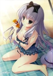 1girl arm_under_breasts bare_shoulders barefoot beach_umbrella black_eyes blush bow braid breasts crown_braid from_above from_side full_body hair_bow hat highres holding long_hair looking_at_viewer looking_up lotion medium_breasts mikeou nipples original plaid polka_dot purple_hair sand shiny_skin sitting smile solo sun_hat sunlight sunscreen swimsuit towel umbrella wariza