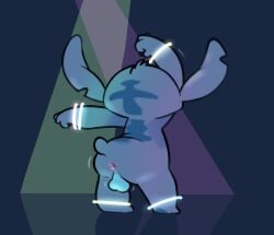 2024 alien anklet anthro anus back_spines backsack balls biped blue_body blue_claws blue_fur bracelet butt claws dancing digital_drawing_(artwork) digital_media_(artwork) disney experiment_(lilo_and_stitch) finger_claws fur genitals glowing_anklet glowing_bracelet head_markings head_tuft hi_res jewelry lilo_and_stitch male markings notched_ear occipital_markings rear_view simple_background small_tail solo stitch_(lilo_and_stitch) tail tuft yourownsnack