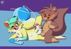 balls blush bo_(nutty_bo) bodily_fluids brown_body buckteeth cum erection eyewear fur genital_fluids genitals glasses hair hi_res humanoid_genitalia humanoid_penis male male/male mammal nude nutty_bo nuttybo open_mouth penile penis retro_the_squirrel_(areretroshsl) rodent sciurid sex simple_background tail teeth tree_squirrel