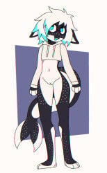 absurd_res andromorph anthro aquatic bottomless bottomless_andromorph bottomless_intersex cetacean choker clothed clothing crischar_foxito crop_top_hoodie dolphin earendel_(arsenicu) eyewear genitals glasses hair hi_res innie_vulva intersex jewelry mammal necklace oceanic_dolphin orca simple_background solo toothed_whale vulva white_hair