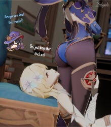 2girls ass braided_hair genshin_impact looking_at_partner looking_back lumine_(genshin_impact) lying lying_on_back mona_(genshin_impact) paimon_(genshin_impact) violet_hair white_hair witch_hat