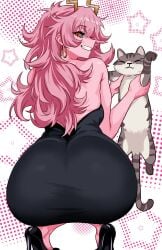 1girl 1girls animal ashido_mina ashido_mina_time-skip ass ass_focus big_ass black_dress black_sclera black_shoes blush boku_no_hero_academia cat closed_eyes colored_sclera colored_skin commentary_request dress earrings from_behind grin highres holding holding_animal holding_cat hoop_earrings horns jewelry long_hair looking_at_viewer looking_back mina_ashido mina_ashido_time-skip my_hero_academia my_hero_academia_(finale) pink_hair pink_skin post-timeskip shoes slim_waist smile solo spanish_commentary squatting teeth thighs vlizz yellow_eyes yellow_horns