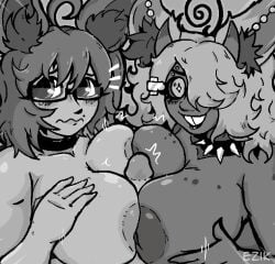 2girls animal_ears big_breasts black_lipstick ezik_(artist) fox_girl glasses kinurathrenne_(artist) mitsuki_kimura_(kinurathrenne) oc original_character skye_(oc) tagme titjob titjob_pov