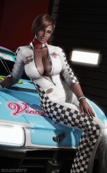 3d big_breasts breasts brown_eyes brown_hair brown_skin brown_skinned_female busty car darts77 dead_or_alive female female_focus female_only hourglass_figure large_breasts lisa_hamilton makeup nail_polish pinup pinup_pose racing_suit scarf short_hair tagme wide_hips
