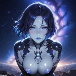 (titancore) ai_generated big_breasts blue_eyes blue_skin cortana curvy_figure cute_girl cyber_girl female galaxy girl halo halo_(game) halo_(series) naked perfect_body short_hair space stars video_game_character