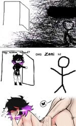 2022 2d bangs_over_eyes blush color covering_mouth dialogue english_text light-skinned_female light-skinned_male light_skin meme multicolored_hair omg_hi! original penetration sex simple_background stick_figure straight text white_background zeni_(zenikitsu) zenikitsu