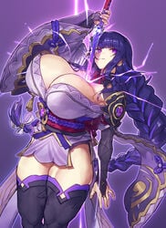 1girls braided_hair breasts cleavage curvy female female_focus genshin_impact huge_breasts large_breasts lightning long_hair matching_hair/eyes melon22 muscular muscular_female muscular_thighs object_between_breasts purple_eyes purple_hair raiden_shogun solo solo_female solo_focus sword thick_thighs thighs weapon