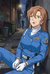 chihaya_hagiwara detective_conan policewoman police_uniform brown_hair brown_eyes sitting_on_ground bondage handcuffed gag gagged tape_gag ai_generated white_gloves earrings 1girls