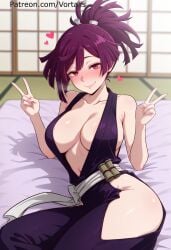 ai_generated vortalis yuzuriha_(jigokuraku) jigokuraku 1girl breasts solo large_breasts purple_hair blush smile v heart looking_at_viewer double_v red_eyes ponytail cleavage
