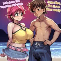 cocky69 ai_generated text english_text hi_res comic_page boin resort_boin ichijyo_daisuke iihara_nao beach male/female brown_hair brown_eyes pink_hair turquoise_eyes breasts big_breasts boobs big_boobs shorts crop_top skirt belt tights bulge bulge_through_clothing bulge_under_clothes