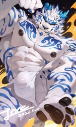 abs absurd_res anthro blue_horn bulge claws dated digital_drawing_(artwork) digital_media_(artwork) eyebrows feet felid feline forgetch fur hi_res horn lion looking_at_viewer male mammal muscular muscular_anthro muscular_male navel nipples null_bulge pantherine pecs smile white_body yellow_eyes