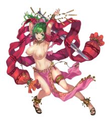 1girls armpits bare_legs bare_shoulders biggitybiggitybig dancer earrings edit fire_emblem fire_emblem:_genealogy_of_the_holy_war fire_emblem_heroes green_eyes green_hair large_breasts lene_(fire_emblem) medium_hair necklace nintendo nipples nude_filter official_art open_mouth pelvic_curtain ponytail smile solo sword topless transparent_background weapon