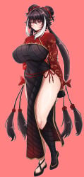 bbambi big_breasts black_hair breasts china_dress chinese_clothes jia_xichun_(limbus_company) large_breasts limbus_company one_arm_behind_back pink_eyes project_moon qipao red_fingernails standing tagme thighs tight_clothing white_hair