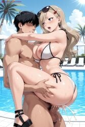 kiraamane ai_generated patreon seductive sexy uncensored watermark hi_res high_quality high_resolution rebecca_bluegarden edens_zero 1girl 1boy penis breasts bikini swimsuit sex large_breasts nipples blue_eyes hetero suspended_congress open_mouth eyewear_on_head sunglasses blush jewelry ass tree earrings cum white_bikini censored palm_tree side-tie_bikini sky short_hair mosaic_censoring pool bangs long_hair blonde_hair brown_hair standing poolside high_heels standing_sex testicles