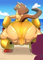 ass bare_shoulders beach brown_hair cat_tail female gameoverse gobbles_(gameoverse) huge_ass kit_(gameoverse) kit_bodega looking_at_viewer looking_back nuezou partially_visible_vulva red_eyes short_hair spread_legs squatting thick_thighs
