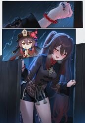1girl ai_assisted ai_generated bead_bracelet beads black_headwear black_nails black_shorts blush bracelet breasts brown_hair chinese_clothes comic feet finger_to_mouth flower flower-shaped_pupils genshin_impact hair_between_eyes hat hat_flower hu_tao_(genshin_impact) index_finger_raised jewelry long_hair long_sleeves looking_at_viewer multiple_rings nail_polish open_mouth rain red_eyes ring shirt short_shorts shorts shushing smile symbol-shaped_pupils thighs twintails very_long_hair vysetf wet wet_clothes wet_hair