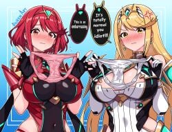 2girls absurdres artist_name black_gloves blush breasts circlet cleavage cleavage_cutout clothing_cutout commission core_crystal_(xenoblade) cum cum_on_clothes dress earrings elbow_gloves embarrassed english_commentary english_text fingerless_gloves gloves highres holding holding_panties holding_underwear holding_unworn_clothes jewelry large_breasts long_hair looking_at_viewer medium_hair multiple_girls mythra_(xenoblade) panties pink_panties presenting_removed_panties pyra_(xenoblade) raiken-art swept_bangs underwear upper_body white_dress white_gloves white_panties xenoblade_chronicles_(series) xenoblade_chronicles_2