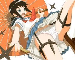 2010s 2012 asian asian_female below_view black_hair blue_eyes clothed clothing from_below fully_clothed hair holding_umbrella japanese_female kaga_ai katana light-skinned_female light_blue_eyes light_skin panties pantyshot ponytail sayonara_zetsubou_sensei school_uniform seifuku serafuku shoes short_hair short_ponytail shuriken skirt socks sword umbrella uniform white_background white_panties yamija
