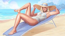 1girls barefoot big_ass big_breasts cleavage emma_frost emma_frost_(marvel_rivals) emma_frost_(white_wave_queen) feet female female_only foot_fetish marvel marvel_rivals pepedraws swimsuit thick_thighs